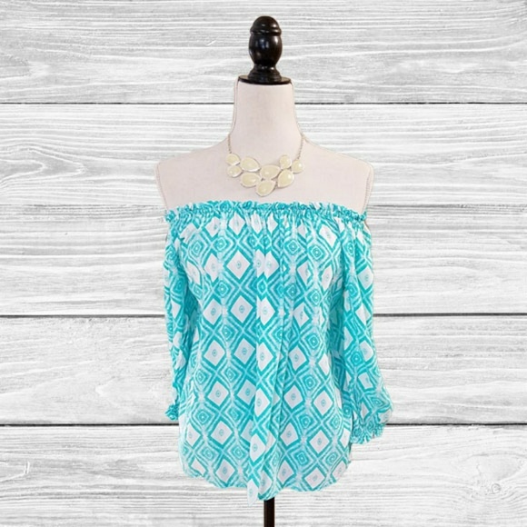 Grand & Greene Tops - Grand & Greene Off The Shoulder Top Aqua/White Top